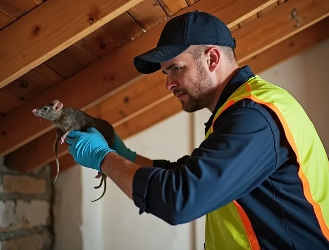 Technician inspecting a roof cavity for a dead rat in Ringwood